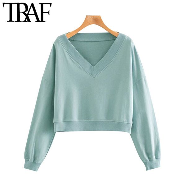 

traf women fashion loose cropped sweatshirts vintage v neck long sleeve female pullovers chic 210415, Black