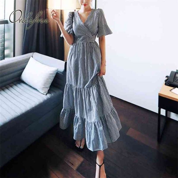 

summer women long plaid dress short sleeve belted swing ruffle tunic maxi shirt 210513, Black;gray