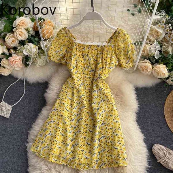

korobov new arrival flower print women dress korean lace square collar short sleeve dresses bohemian a-line vestidos femme 210430, Black;gray