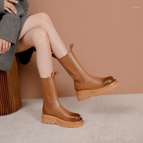 

boots leather mid-calf autumn winter women square heels lady shoes soft chunky black brown round toe platform boot1