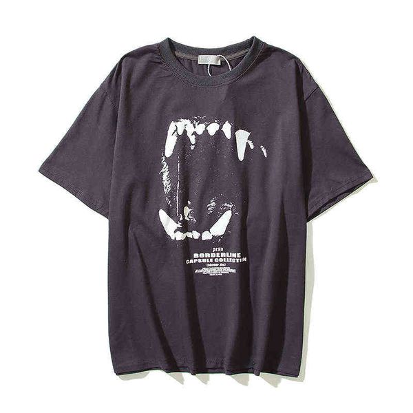 T-shirt a maniche corte con stampa di denti di lupo retrò effetto consumato per uomo e donna T-shirt estiva lavata girocollo allentata Harajuku G1217