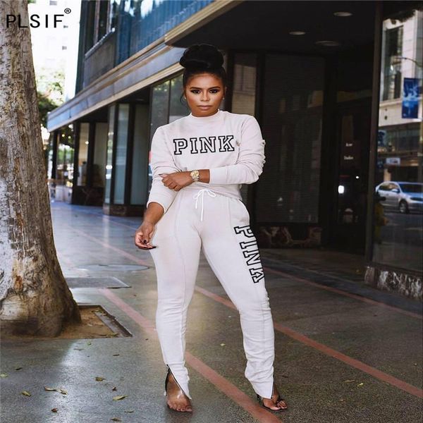 

women's two piece pants women letter printed sports suit street fashion casual long sleeve round neck with zipper at feet winter, White