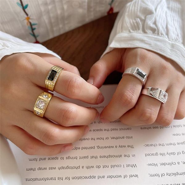 

cluster rings korean style white square zircon ring for women girl ins 925 sterling silver wide opening joint wedding jewelry, Golden;silver