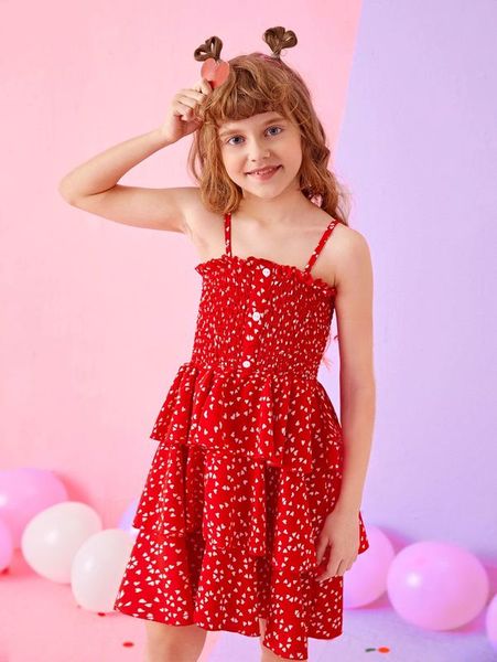 

girls confetti heart print frill shirred layered hem cami dress she, Red;yellow