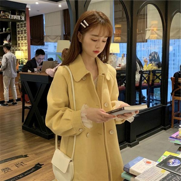 

women's wool & blends autumn and winter women's harajuku style woolen coat mid-length versatile high street sweater qm*, Black