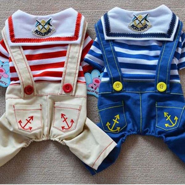 

dog apparel navy stripes pet clothes set cowboy suspender pants