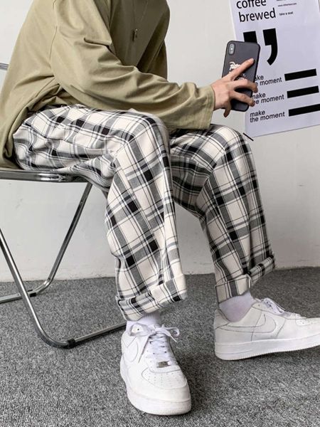 

shorts spring straight plaid pants men's sports loose spring and autumn casual long korean trend versatile wide leg, White;black