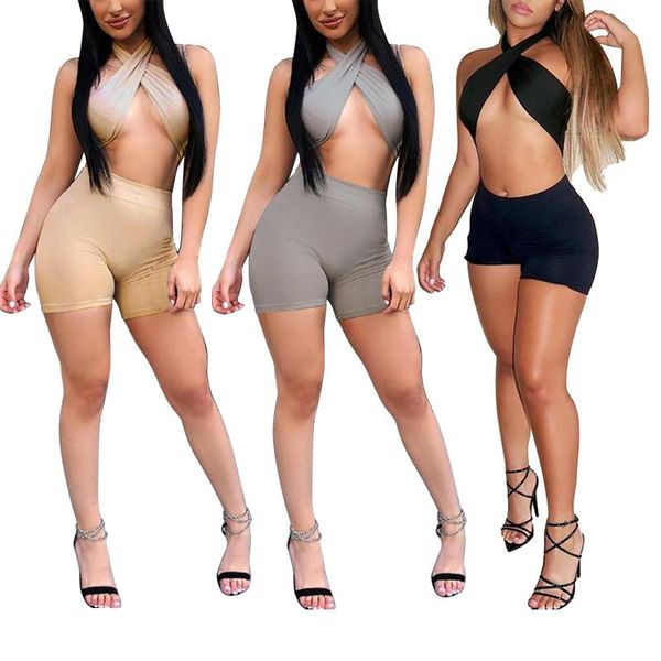 

women's tracksuits suit 2pcs summer polyester outfit solid color halter neck backless crop high-waist shorts for girls 3 colors, Gray