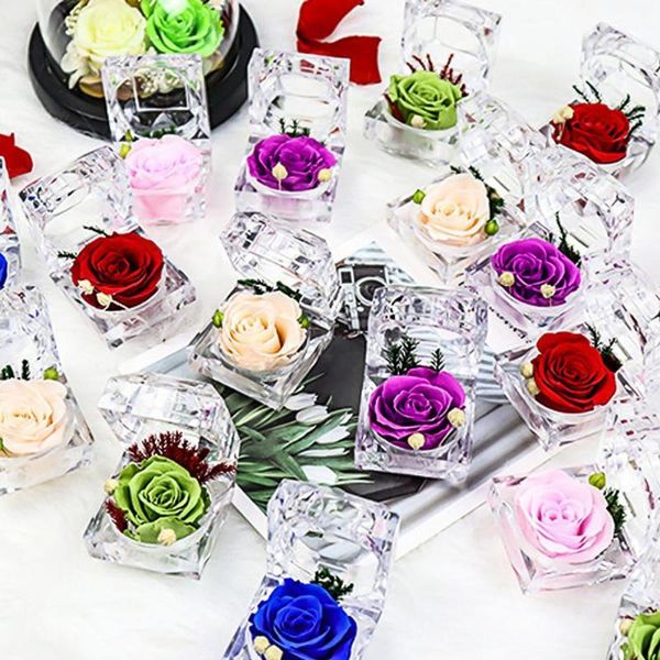 

jewelry pouches, bags 2021 fashion simple preserved rose flower ring box wedding engagement display holder gift, Pink;blue