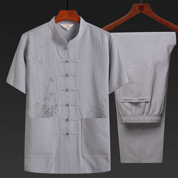 

tang men's cotton hemp men's tshirt leisure summer suit, Gray