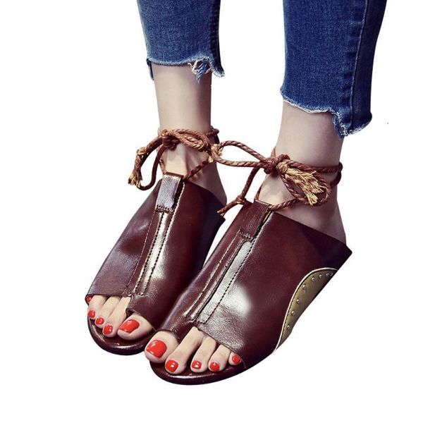 

sandals cagace arrvial womens sandals flat summer vintage girls flat-bottomed roman round toe ankle straps slippers ddoe, Black