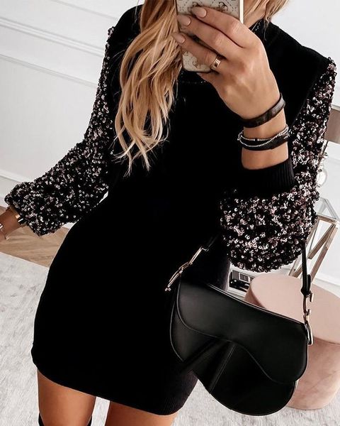

casual dresses women embellished sleeve spliced mini dress, Black;gray