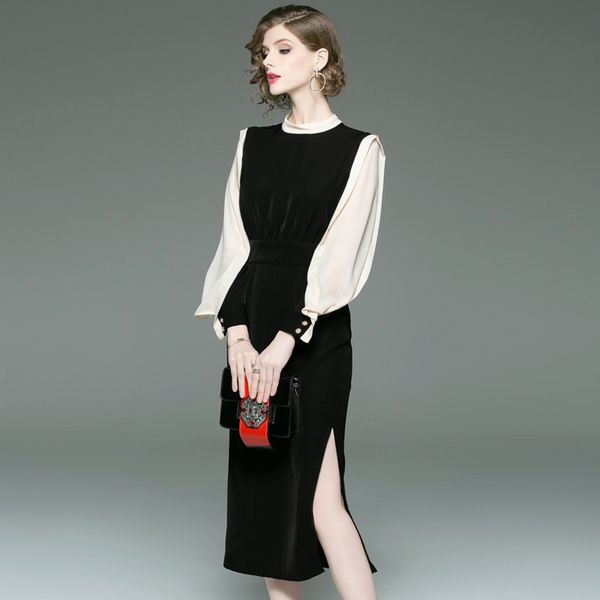 

dress dressstyle in spring: color contrast slim round neck long sleeve ol, Black;gray