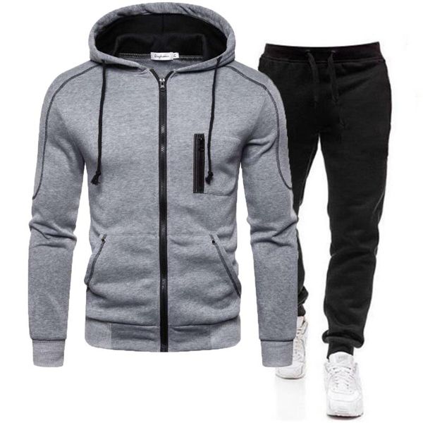 

men's tracksuits autumn winter tracksuit zipper hoodie and pants 2 piece casual sportswear jogger running suit fitness sweatshirt cardi, Gray