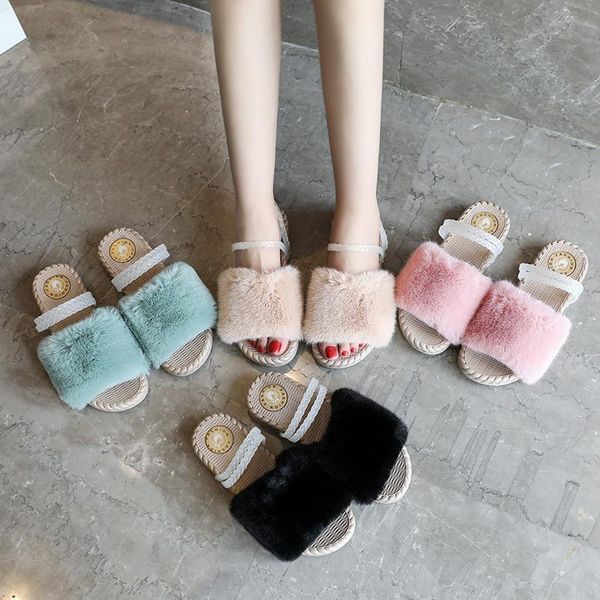 

slippers designer women candy color faux fur flip flop brand winter transparent thick heels girls ins casual open toe warm shoes, Black