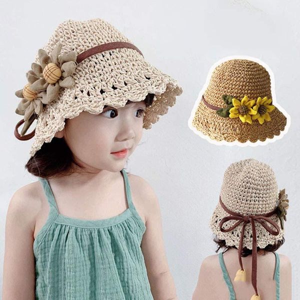 

caps & hats flower summer sunscreen straw hat seaside beach sun outdoor woven female baby, Yellow