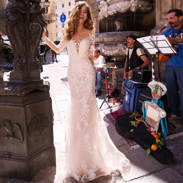 

other wedding dresses elegant mermaid weddding 2021 long sleeves v neck lace appliques sweep train illusion bridal gown vestido de novia, White