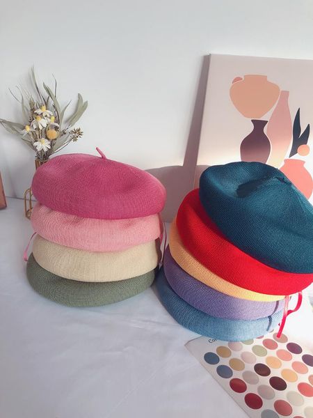 

berets simple light version 18-color women's beret hat spring and summer thin linen texture painter girl beanie, Blue;gray