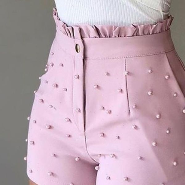 

women shorts fashion solid color high waist button ruffled beaded summer, White;black