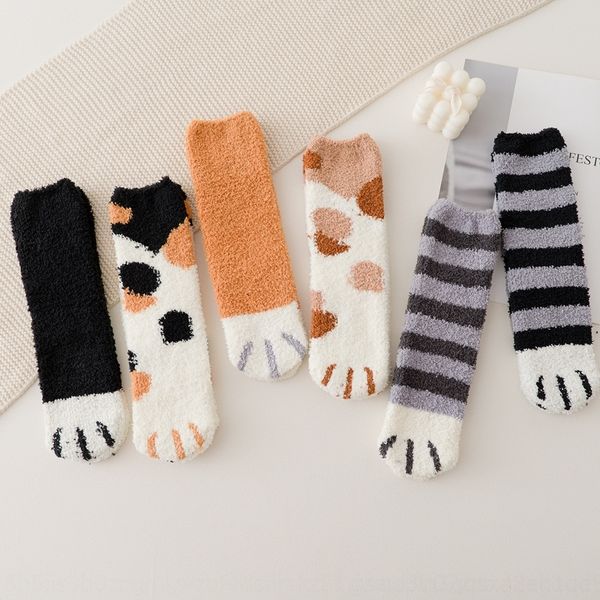 

6VCB japanese and koreanhalf edge coral cashmere children's cat claw warm hosiery board board socksfloor socks middle tube thickened warm s, Black;white