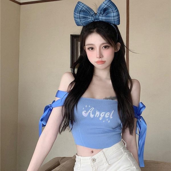 

women's t-shirt letter print slash neck bow slim exposed navel knitted short sleeve style summer, White