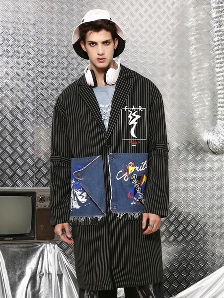 

men cartoon & striped contrast denim coat r2b1#, Black;brown