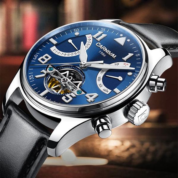 

wristwatches carnival fashion men watch automatic tourbillon calendar waterproof luminous mechanical watches 8783, Slivery;brown