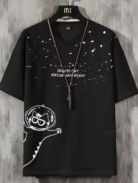 

men slogan and cartoon cat print tee j20x#, White;black