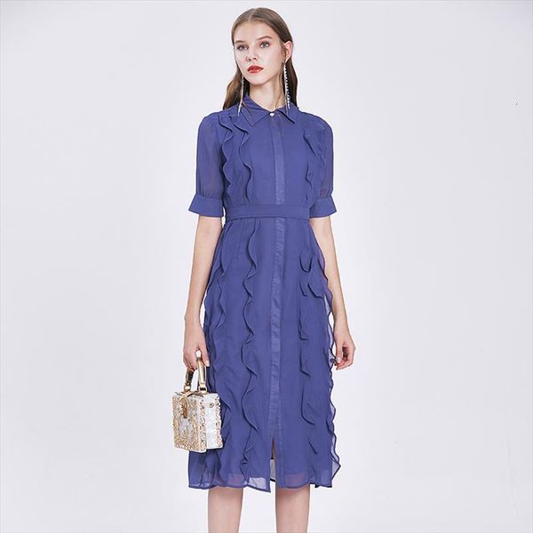 

summer sweet ruffles midi women dress turn down collar short sleeve belted slim shirt, Black;gray