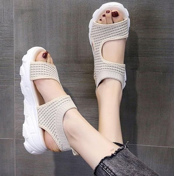 

sandals women's wedges footwear summer platform women shoes female slip on peep toe knitted ladies sneakers casual, Black