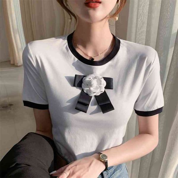 

the summer women's french classic low-neck round neck short-sleeved t-shirt flowers bottoming shirt slim 210507, White