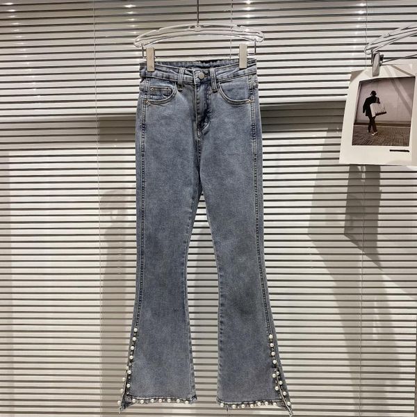 

women's jeans deat feminine beading division flare temperament pants solid color high waist pearl jeans spring summer 11b648 1hnq, Blue