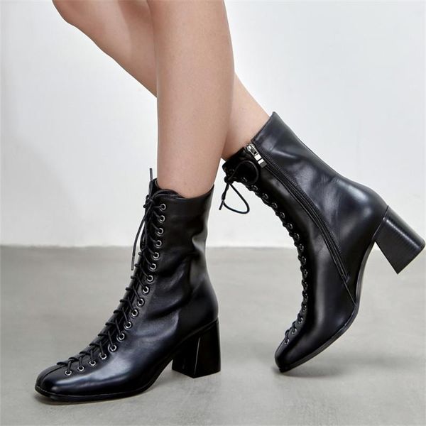

boots pxelena rome gladiator punk gothic motorcycle genuine leather women chunky block high heel autumn shoes 2021 black lace up
