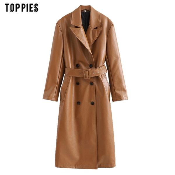 

winter faux leather trench coat woman pu windbreaker double breasted outwear solid color 210421, Black
