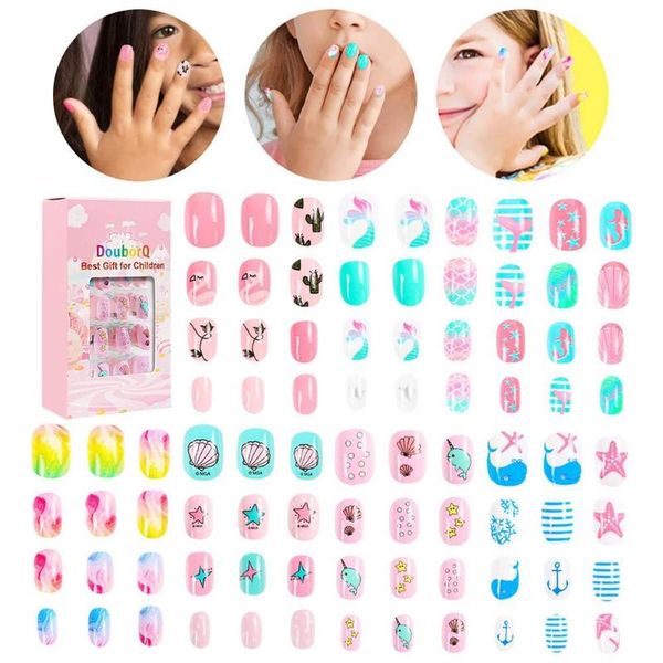 

false nails 84pcs/set kids cartoon style detachable fake full cover press stick on children nail girls decor gifts, Red;gold