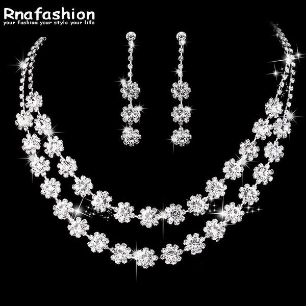 

earrings & necklace rnafashion double flower white color wedding jewelry sets bridal earring engagement chrystal for woman gift jewellery, Silver