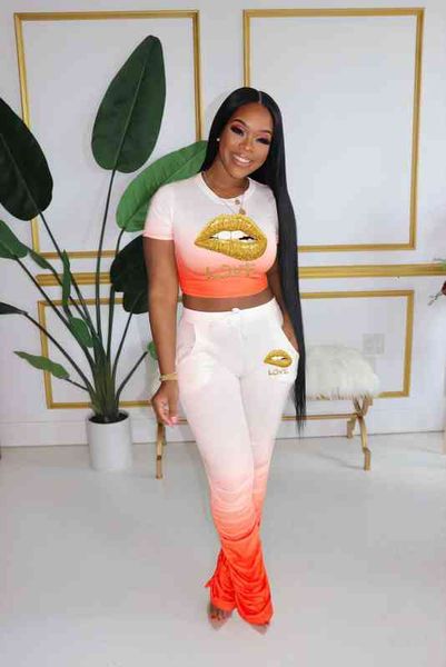 

2 piece set summer outfits womens pants clothing short sleeve crop and stacked legging lip print sets, White