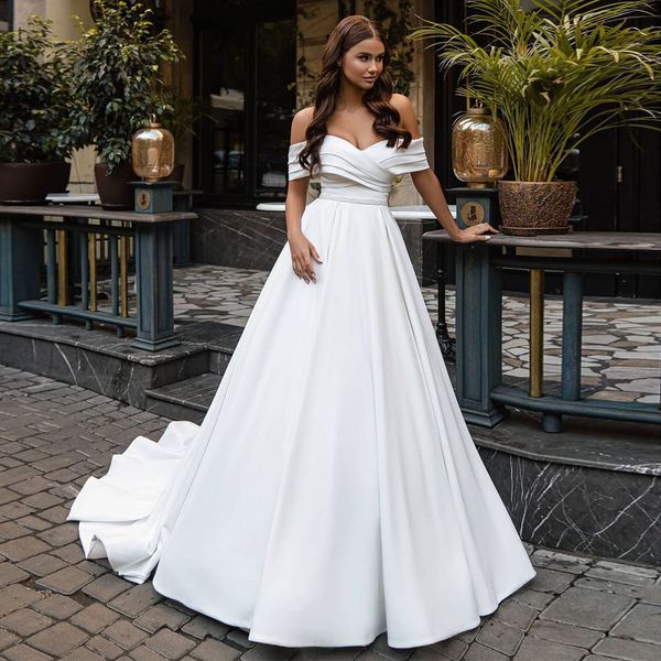 

white a line wedding dresses off the shoulder neck bridal gowns backless with beaded sash sweep train satin plus size vestido de novia