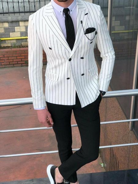 

men's suits & blazers two piece double breasted set white stripe dress wedding for men tuxedo gentle modern blazer, White;black