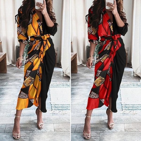 

casual dresses women dress 2021 autumn long sleeve v-neck button print fashion maxi vestido femininio donsignet, Black;gray