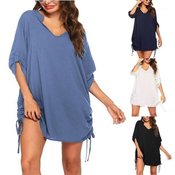 

women's swimwear drawstring swim coverall shirt beach blouse swimsuit, White;black