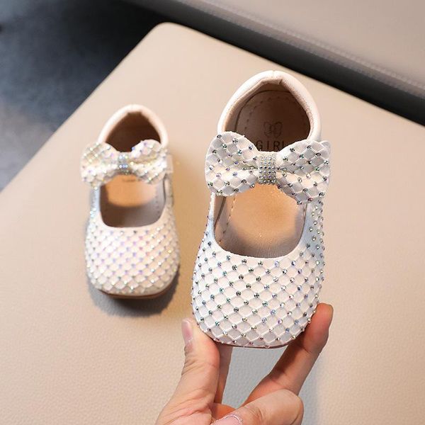 

flat shoes girls rhinestone leather kids fashion single sweet princess bow soft bottom g202, Black;grey