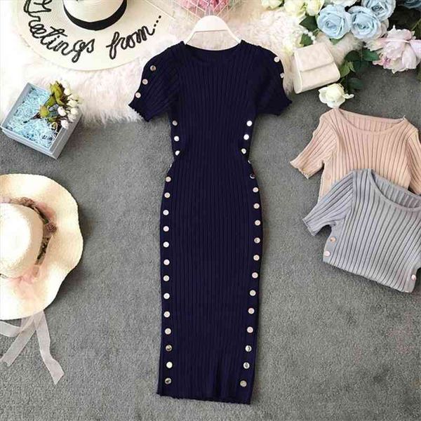 

button vintage ladies slim summer bodycon knit midi office dress women casual party pencil elegant sheath knee length vestidos, Black;gray