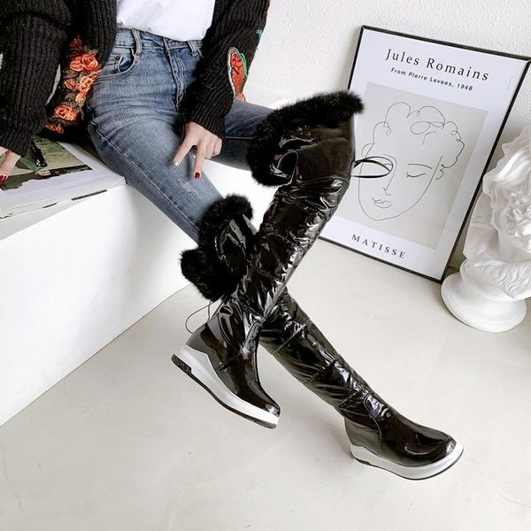 

boots leather down keep warm snow woman fashion fur australia women wedge heel winter, Black