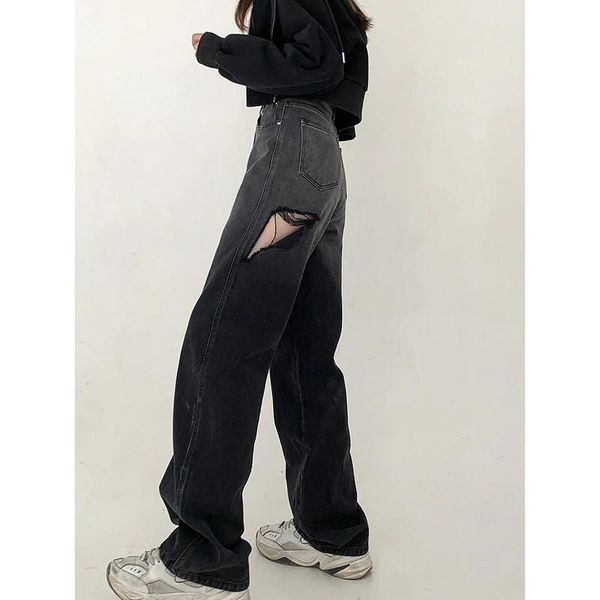 

women's jeans large size fat mm ripped women in the early spring of 2021 high waist loose straight tube pants show skinny, Blue