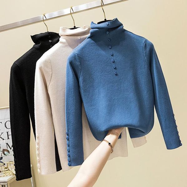 

women's sweaters sweater mujer 2021 turtleneck women autumn winter solid slim button long sleeve knit all-match pullover pull femme, White;black