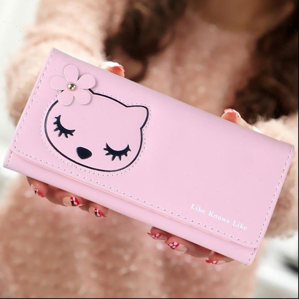 

fashion women wallets pu leather lovely cat pattern lady coin purse card holder female long clutch fold wallet purses pocket, Red;black