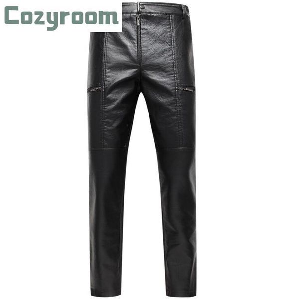 

men's fashion stitching slim motorcycle leather pants korean men business casual trousers mens pencil, Black
