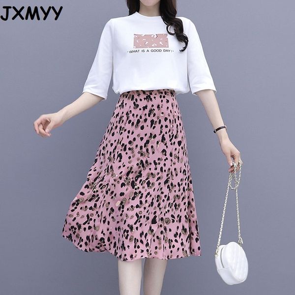 

sommermode neue baumwolle rundhals-leopardenmuster t-shirt mode rosa leopardenmuster fischschwanzrock zweiteilig jxmyy 210412, White