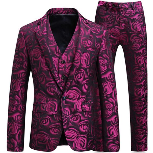 

men's suits & blazers jacket vest pants 2021 floral three piece suit set slim fit rose flower pattern wedding party prom coat trousers, White;black